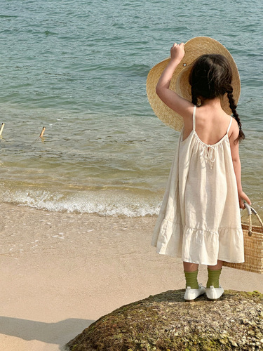 Summer 2024 New Children's Dress for Girls in Korea, Imitation Linen Strappy Dress for Young Children, Princess Dress with Ins Style