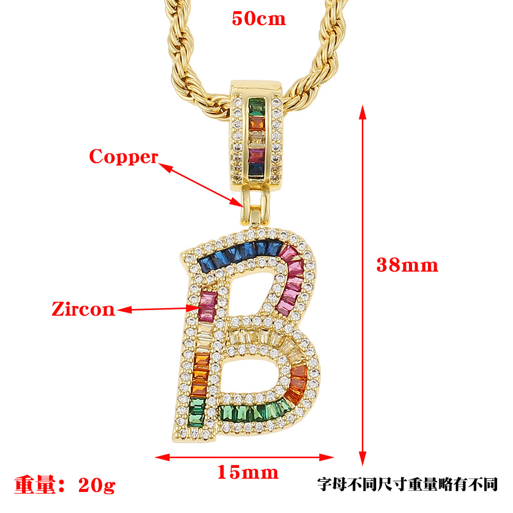 Hip Hop Color Zircon 26 English Letter Copper Necklace