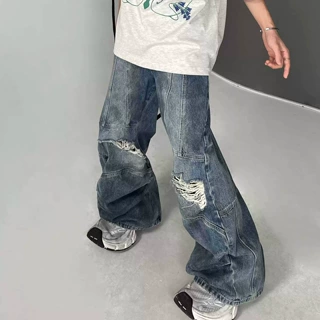 美式高街做旧重工水洗直筒蓝色阔腿百搭裤子潮流破洞牛仔裤子潮