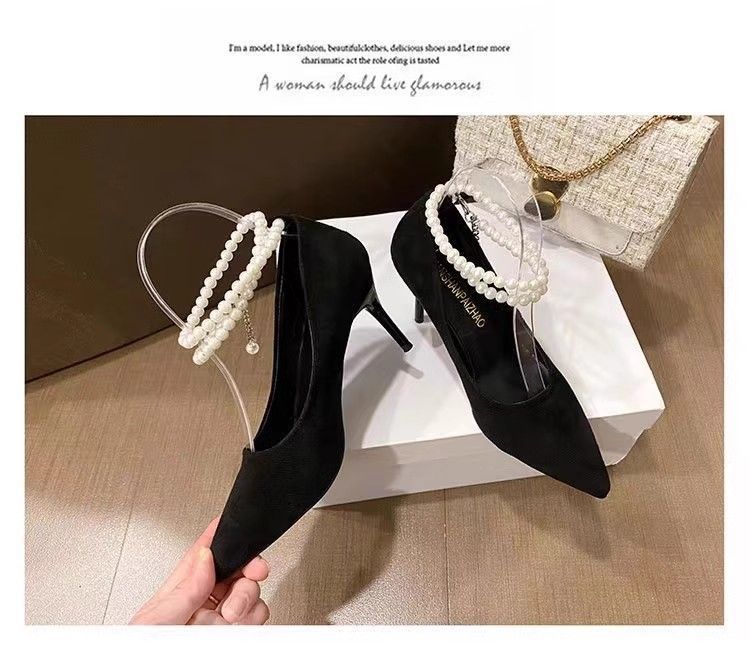 Pointed Toe Pumps 2024 New Model Pearl Suede High-End Fairy Black Thin Heel Non-Slip Strap High Heels For Women_voghion.com