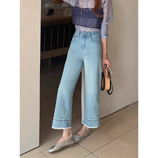 Lace Splicing Nine-Point Straight Pants for Women Summer Thin Large Size Pear-Shaped Body Slimming Elastic Wide-Leg Jeans