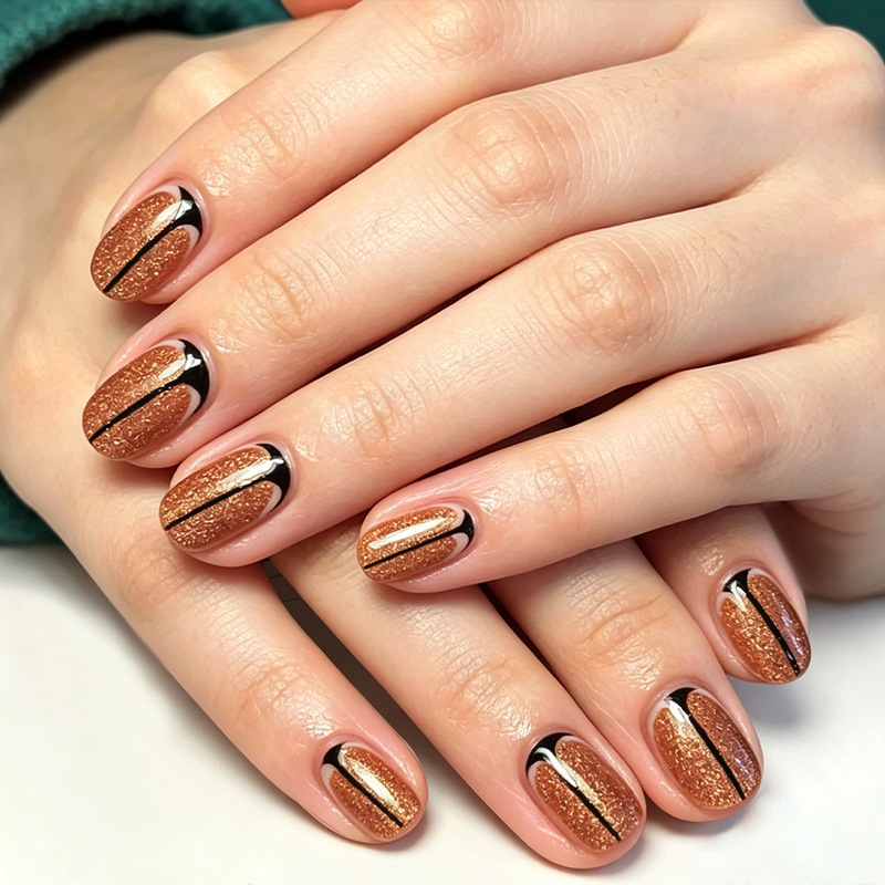 Daily New Style Black Lines with Gold Glitter Removable Short Fake Nails, 24 Pieces