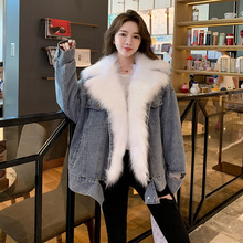 2021秋冬新款牛仔派克服加绒加厚白色大毛领棉衣外套女宽松保暖