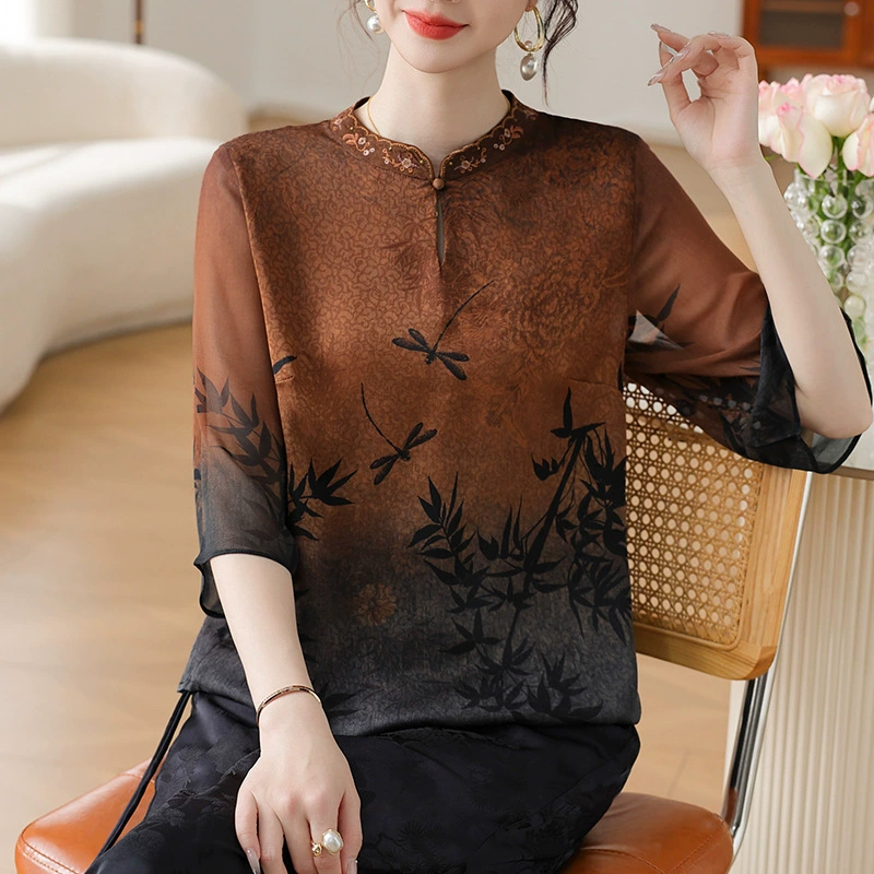 Новая верхняя рубашка для матери среднего возраста в китайском стиле, большой размер с принтом, летний стиль, с рукавом три четверти, наряд бабушки в китайском стиле