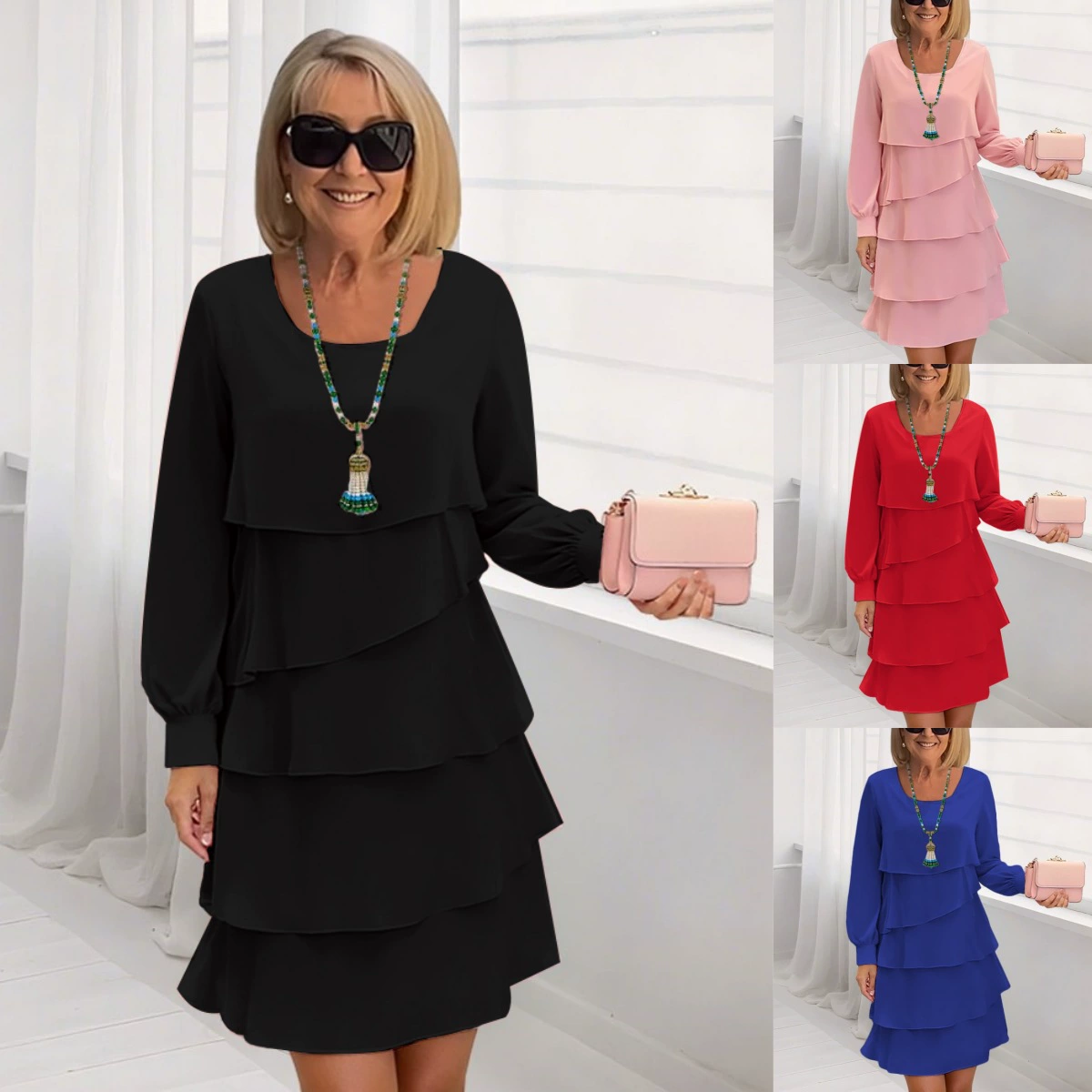 2025 Amazon, осенняя мода, платье-тортик, женское элегантное свободное утягивающее платье с круглым вырезом и длинными рукавами, женское платье