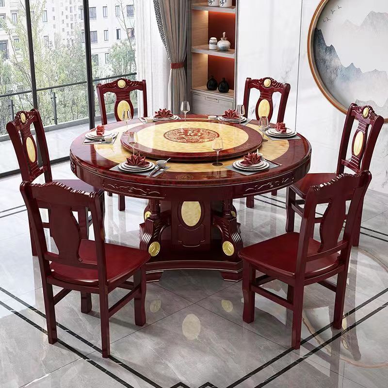 Marble Dining Table Household Solid Wood Round Dining Table Restaurant Hotel Hotel with Turntable Full Set of Dining Table and Chair Set
