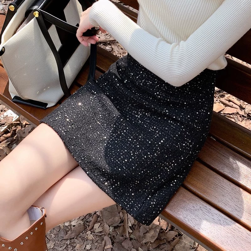 Блестящие пушистые юбки женского осеннего и зимнего стиля маленький ароматный твидо юбка бедра с блестками