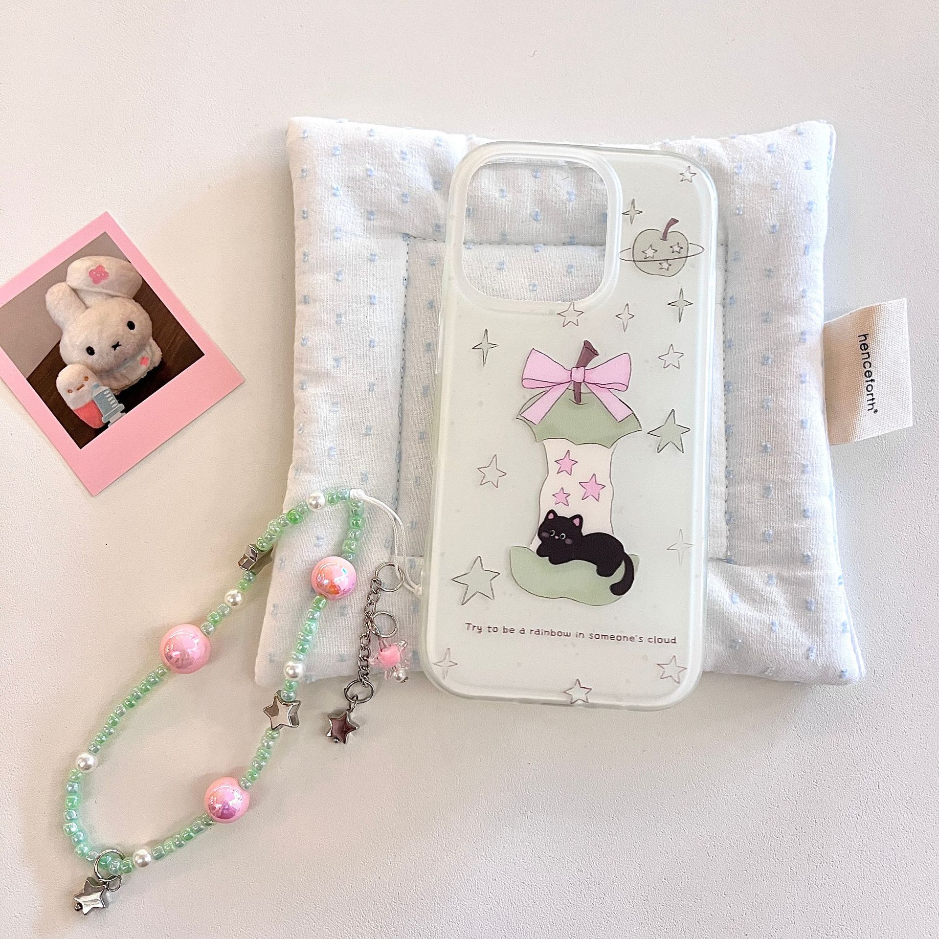 Coreano pequeña estrella fresca manzana núcleo gato negro para Apple 16ProMax funda para teléfono móvil cadena 15Pro 14/13