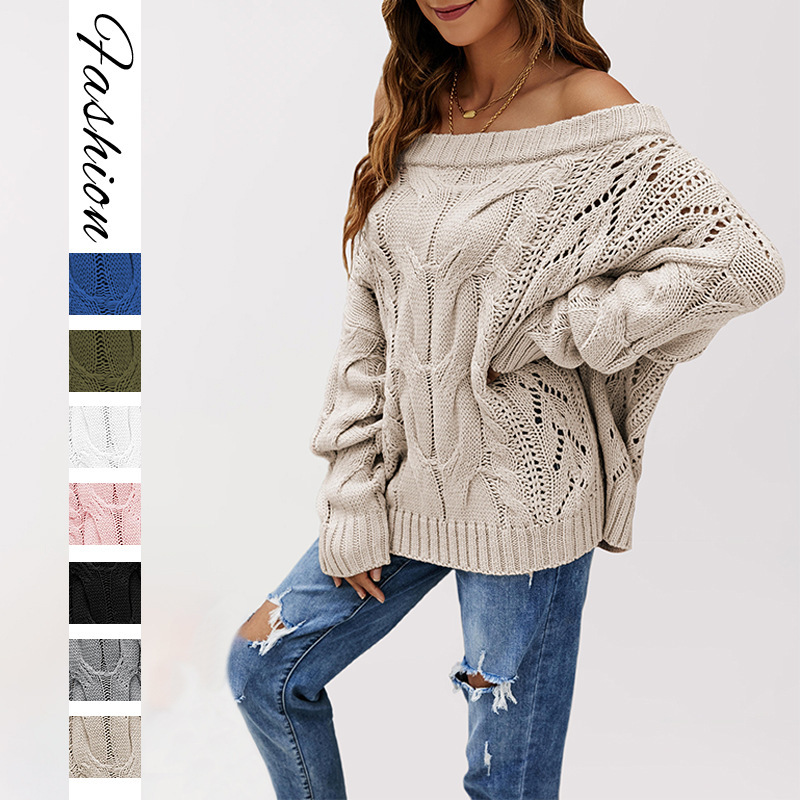 2025 Autumn and Winter Cross-Border European and American Off-Shoulder Large Size Loose Knitwear Amazon One-Line Collar Pure Color Pullover Knitwear for Women