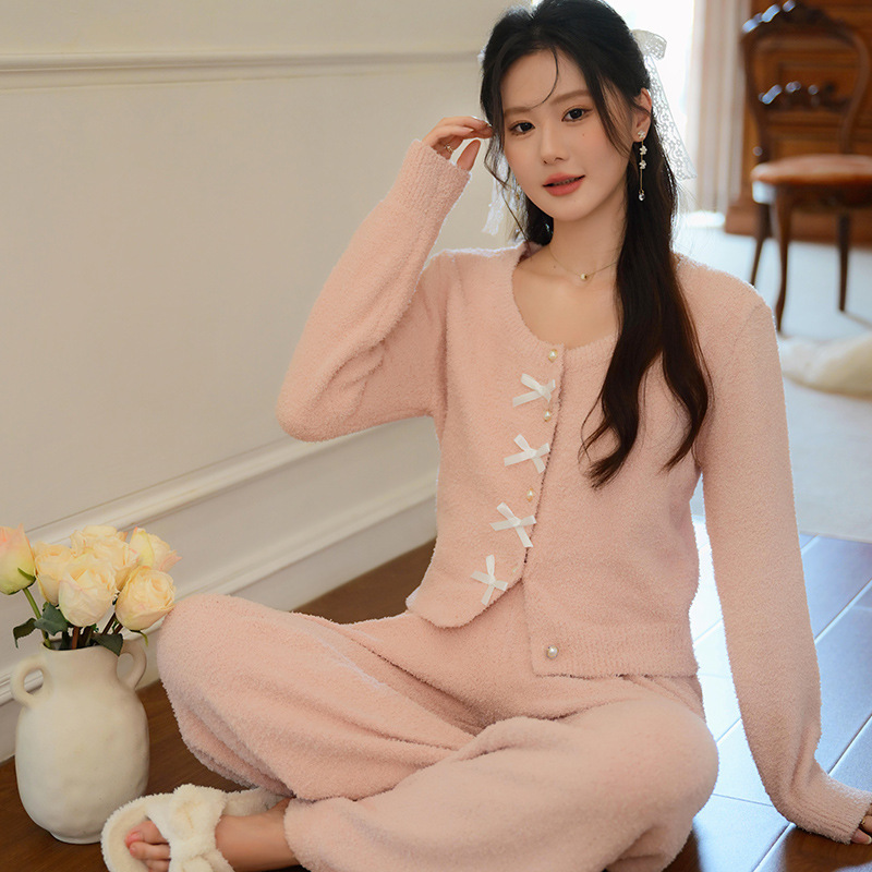 法式睡衣女新款2025秋冬双面绒加绒加厚保暖圆领开衫家居服可外穿|undefined