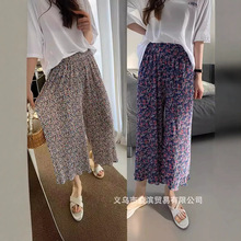 冰丝阔腿裤女春夏薄款高腰垂感褶皱慵懒风碎花家居休闲睡裤子韩国
