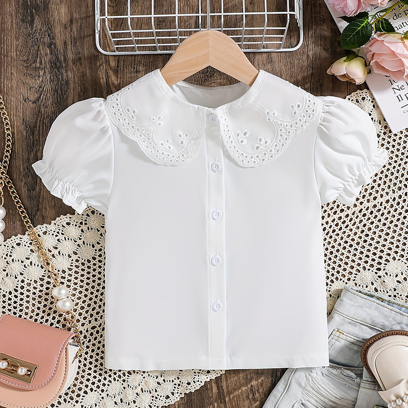 Summer Girls' Shirts Cross-Border Supply Pure White Doll Collar Puff Sleeves Small and Medium-Sized Kidsren's Cute T-Shirt Tops