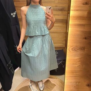 法式小众2026夏季褶裥设计美肩荷叶边上衣A字蓬蓬长半裙套装26599