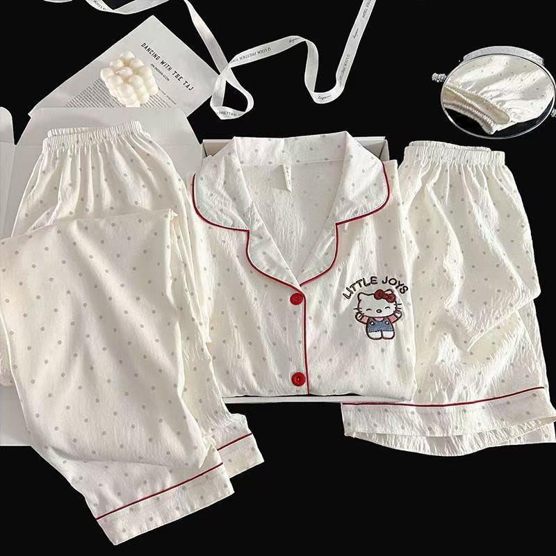 Pijamas de amor dulce de color, pantalones de manga corta de hilo de algodón de nube de verano para mujer, cárdigan de tres piezas, servicio a domicilio