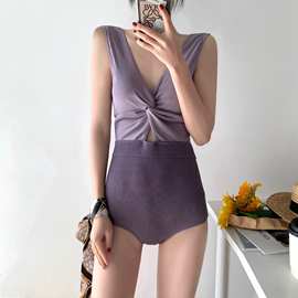 源头工厂2023新款连体泳衣日韩少女拼色香芋紫高腰显瘦泳装bikini