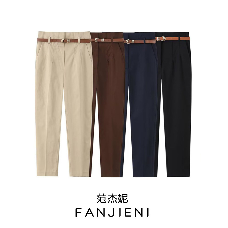 Zr Foreign Trade Wholesale European and American Style Women's Fashion Versatile Casual High-Waisted Ankle-Length Pants with Belt 4387148