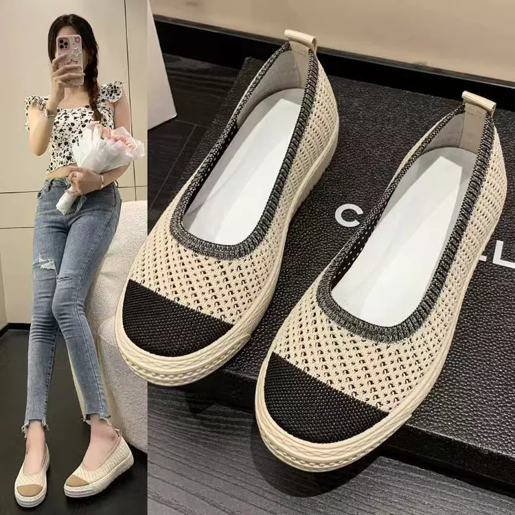 女鞋2025新款夏季休闲鞋飞织透气乐福鞋一脚蹬软底舒适懒人妈妈鞋