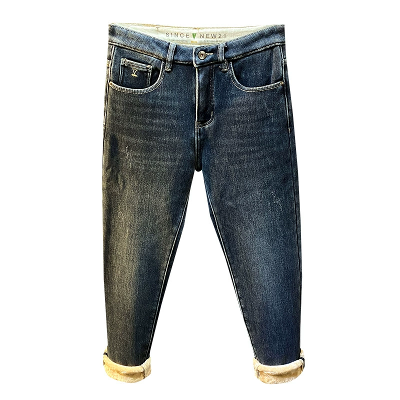 Elite winter warm elastic jeans, keep warm trousers for leisure, loose straight fit