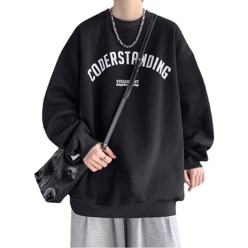 Suéter de cuello redondo de los hombres otoño nueva carta forrada de lana impresa casual Top estilo de Hong Kong todo partido abrigo Suelto