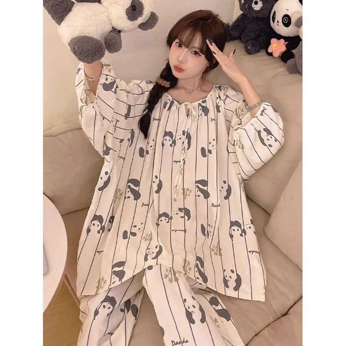 Pijamas de algodón nubes al por mayor transfronterizos de primavera y otoño de cuello redondo hoodie de mangas largas pantalones dulces y sueltos ropa para el hogar cómoda