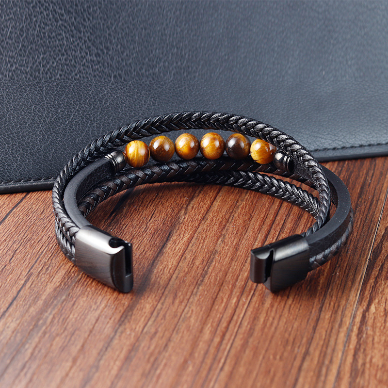 35g Weight wristband Classification Pu Leather Chain Material Woven Chain Chain Type Street Occasion Pu Leather, natural stone Material Geometric Pattern Men's Gender Polishing Design Vintage Style, Streetwear Style Vintage Style Streetwear Geometric Pu Leather Natural Stone Polishing Men's Wristband Men Cord & Leather Bracelets 9
