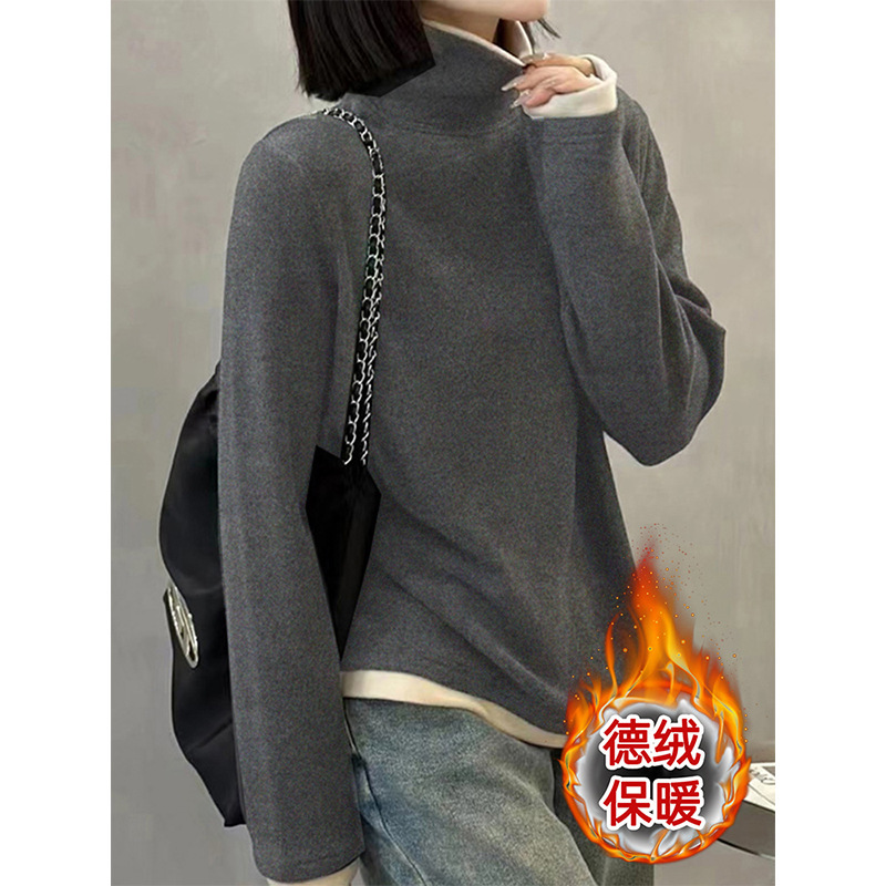 High collar fake two-piece design Gender velvet long sleeve base shirt western style age-reducing autumn and winter new top contrast women's clothing