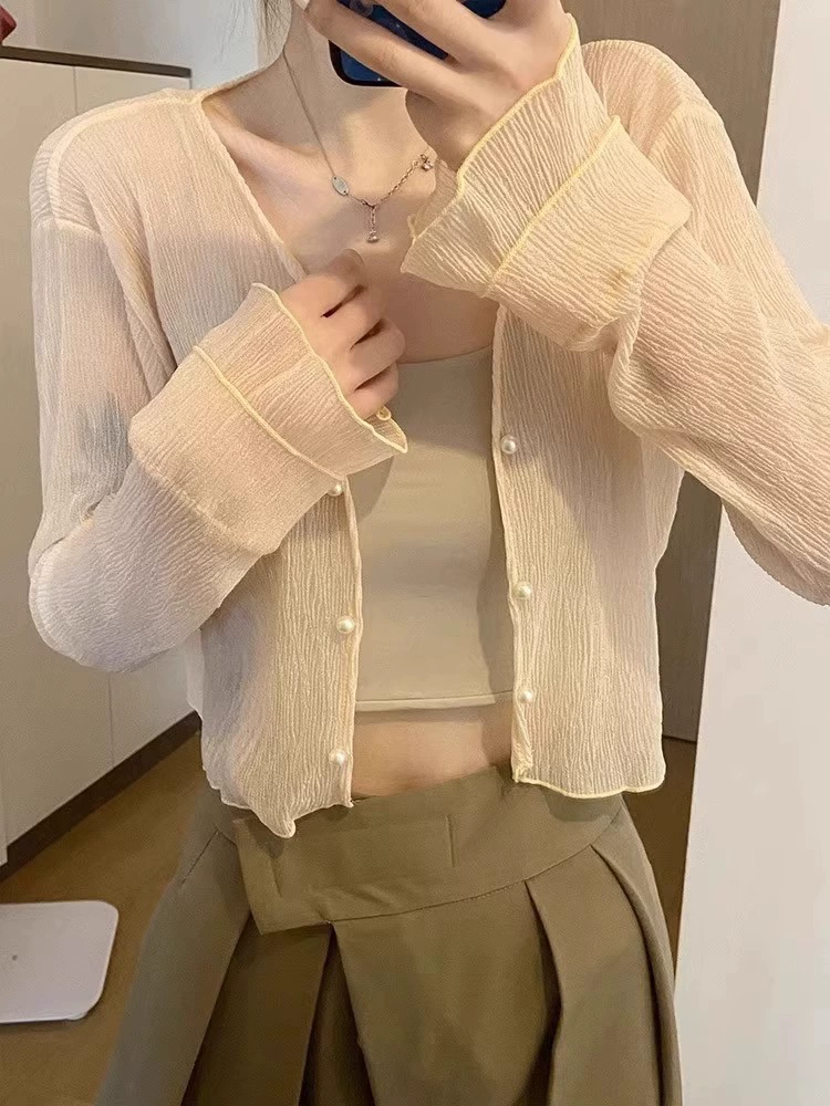 Женский солнцезащитный кардиган из ледяного шелка, тонкая летняя шаль с юбкой на подтяжках, рубашка с кондиционером, маленькая французская блузка-жилет.