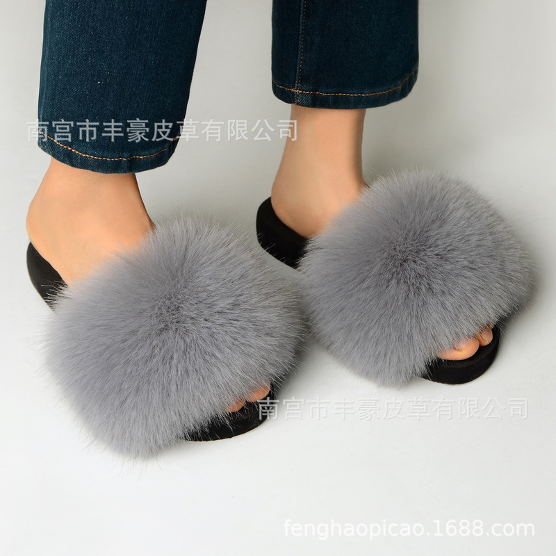 Foreign Trade Fox Fur Light Slippers Women's Summer Internet Popular Fashionable All-match Western Style Exposed Toe Mao Ultra-soft Low-top Sandals