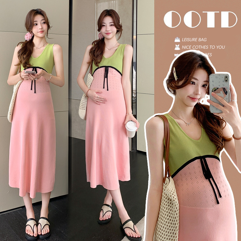 Real Shot of 2025 Long Slim Maternity Dress Korean Style Maternity Dress Slimming Elegant Splicing Hot Mom Dress