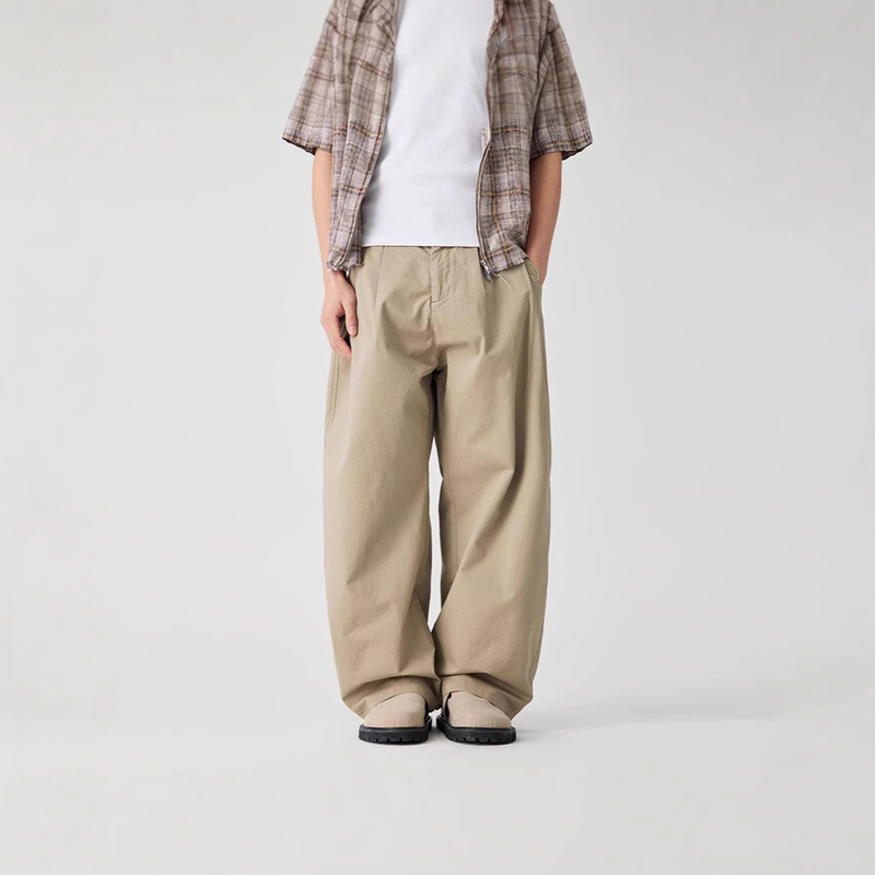 Ot Men's American-Style Pleated Curved Pants, Summer Thin Straight-Leg Pure Cotton Casual Pants for Men
