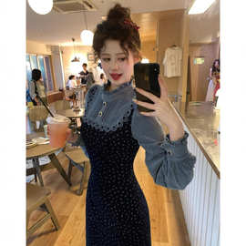 一生罗曼海兰花秋冬法式设计感甜美碎花假两件拼接长袖收腰连衣裙