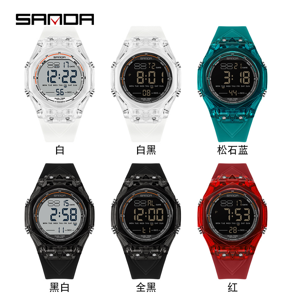 Reloj electrónico SANDA esfera transparente nocturna impermeable reloj multifuncional segmentación reloj de pulsera
