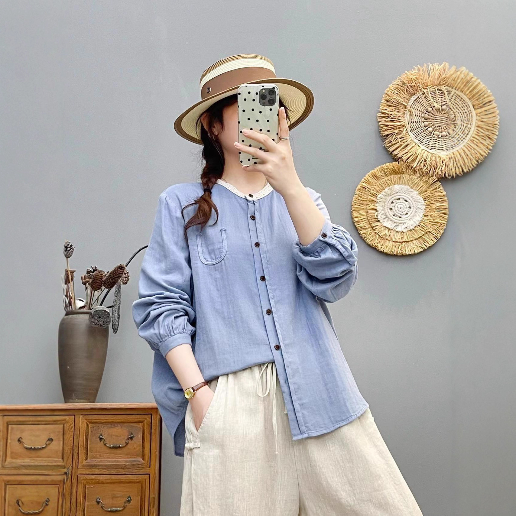 Autumn 2025 Long-Sleeve Lace Collar Loose Casual Korean Style Shirt Top Double-Layer Gauze Fashion Slimming Shirt