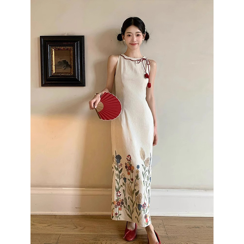 New Chinese Style Printed Cheongsam Dress for Women Summer New National Style Design Temperament Long Skirt