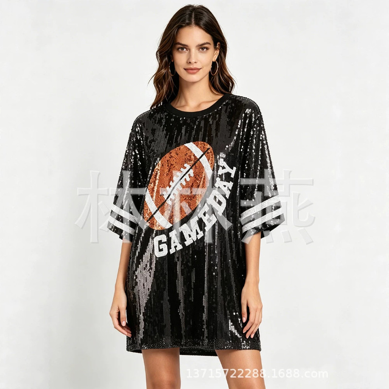 Quality In-Stock Gameday Sequined European and American Style Football-Themed Loose Mid-Length Sequined T-Shirt