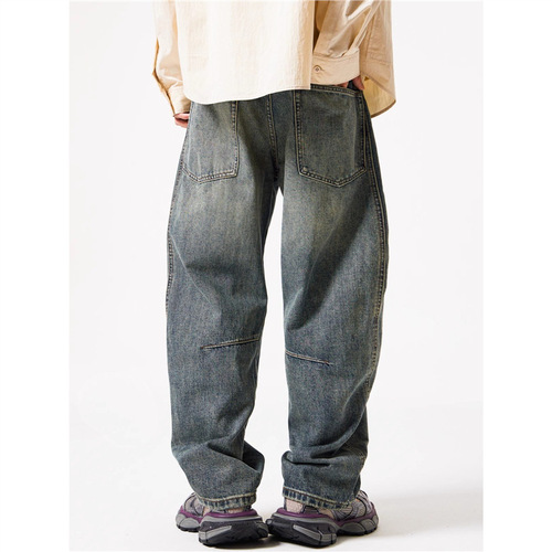 American Washed Bending Knife Workwear Jeans for Men, Autumn Trend Brand Splicing Loose Wide Leg Pants, High Street Straight Leg Casual Pants