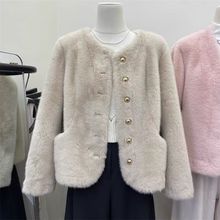 小香风圆领多巴胺短款仿水貂皮草毛毛名媛春秋冬季加厚小个子气质