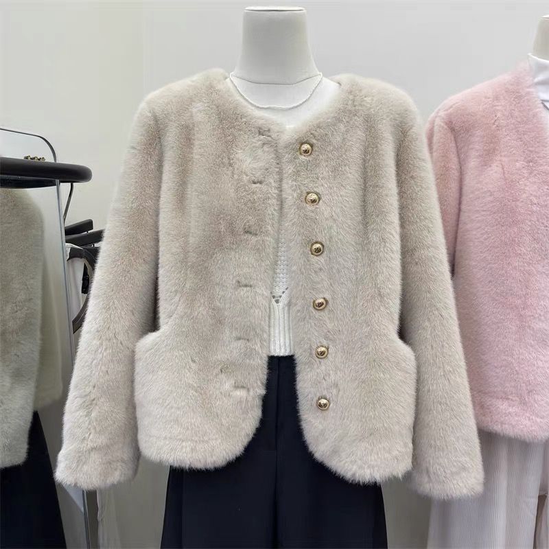 小香风圆领多巴胺短款仿水貂皮草毛毛名媛春秋冬季加厚小个子气质