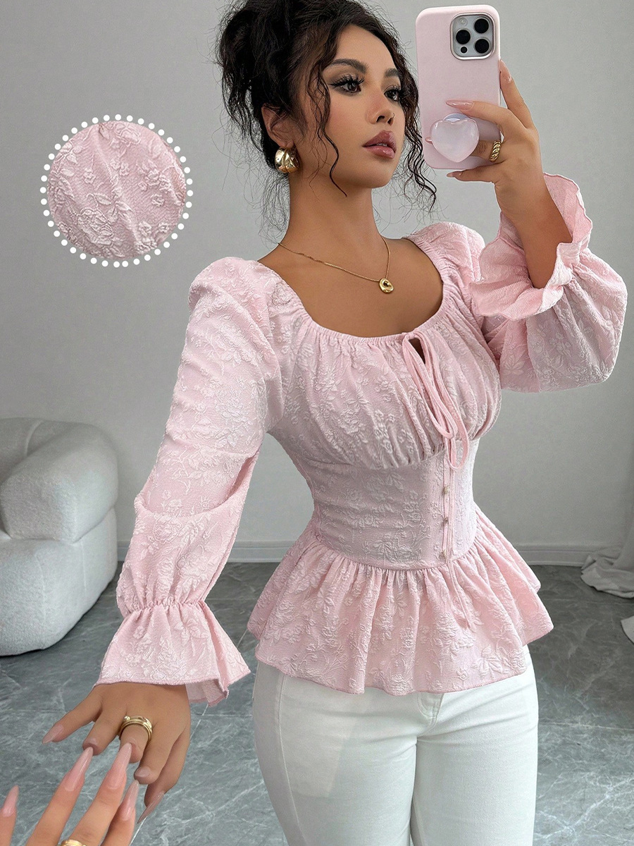 Ruihou Women's French Design U Neck Tie Waist Long Sleeve Blouse Casual Elegant Fashion Thin Top For Spring/Autumn_ecoleips.com