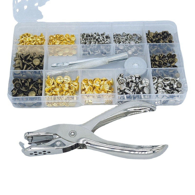 240 sets de remaches metálicos de doble cara 3 colores 2 tamaños con puncher + herramientas de instalación en caja