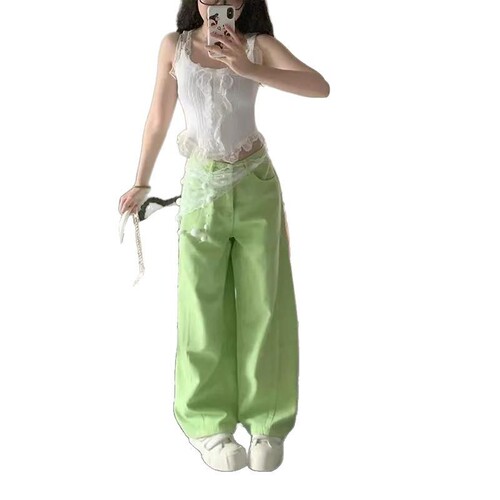 Apple Green Wide Leg Denim Pants for Women 2025 Spring Early Casual Flowy Slim Fit Straight Leg Ground-Length Pants Ins Trendy