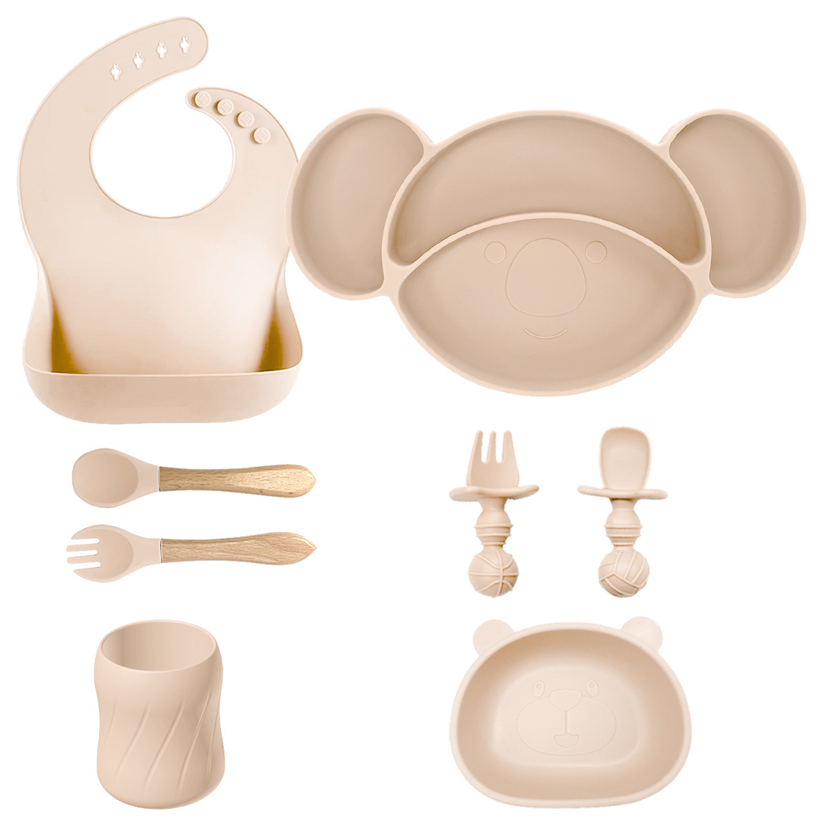 Nuevos productos transfronterizos para niños suplementarios de silicona platos de comedor cuchara de tenedor baudero ocho piezas conjuntos a prueba de caídas mangar suministros para madre y bebé