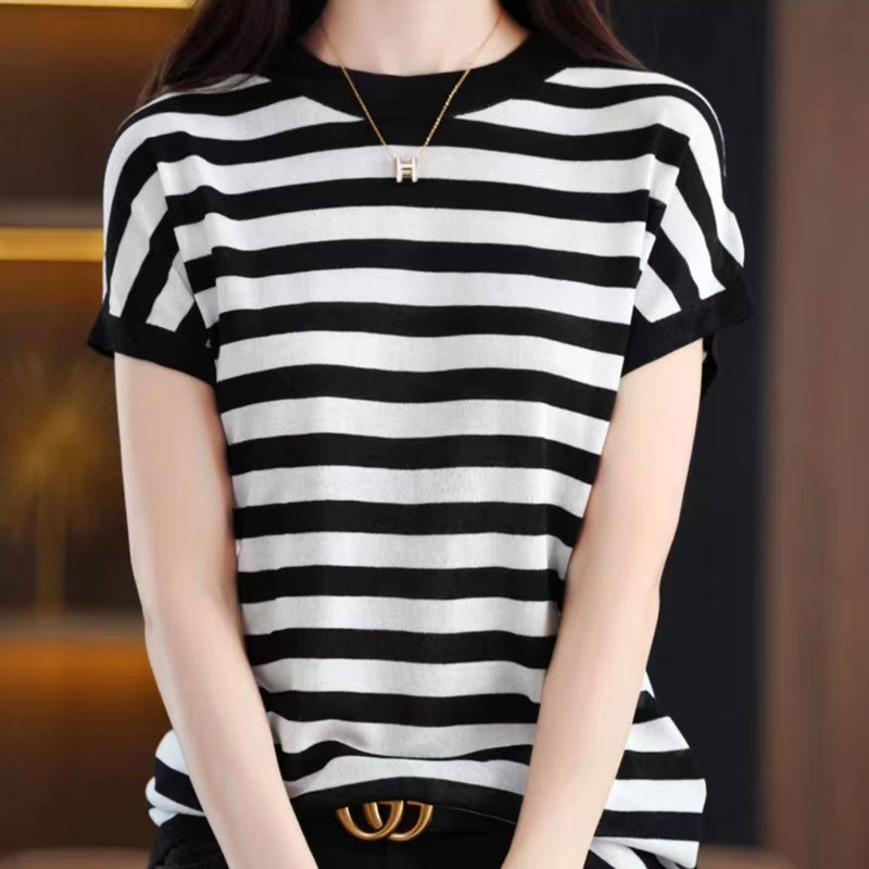 批发春夏薄款金纱银丝针织短袖T恤衫女士宽松短款上衣百搭简约短