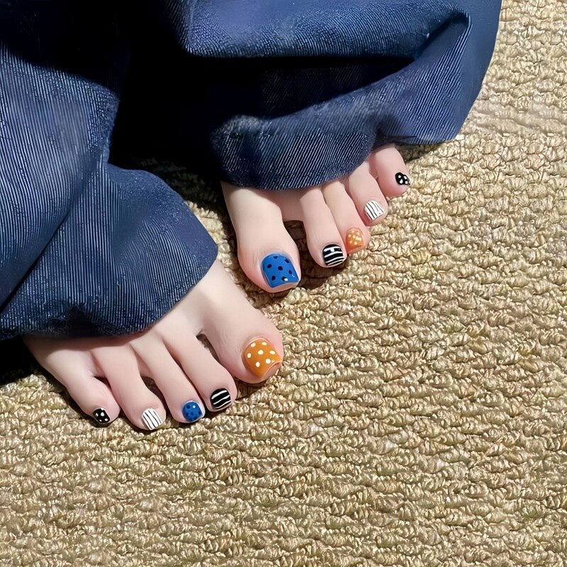 J149-Summer New Style Toenail Patches in Blue and Orange, Party Retro Polka Dot Stripes, Dopamine Removable Nail Patches J149-Summer New Style Toenail Patches in Blue and Orange, Party Retro Polka Dot Stripes, Dopamine Removable Nail Patches