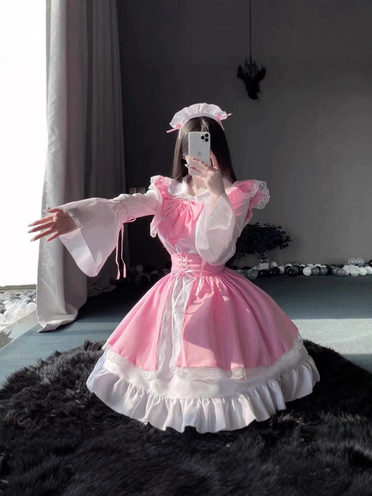 Косплей-платье в стиле Lolita, увеличенные размеры, пышные рукава с головным убором — фуксия или чёрный
