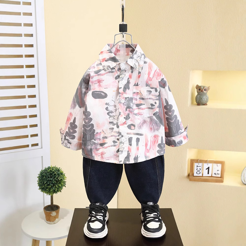 7749 Camisa estilo primavera y otoño de niños 2025 nueva camisa de flores de moda para niños ropa guapa de primavera para bebés