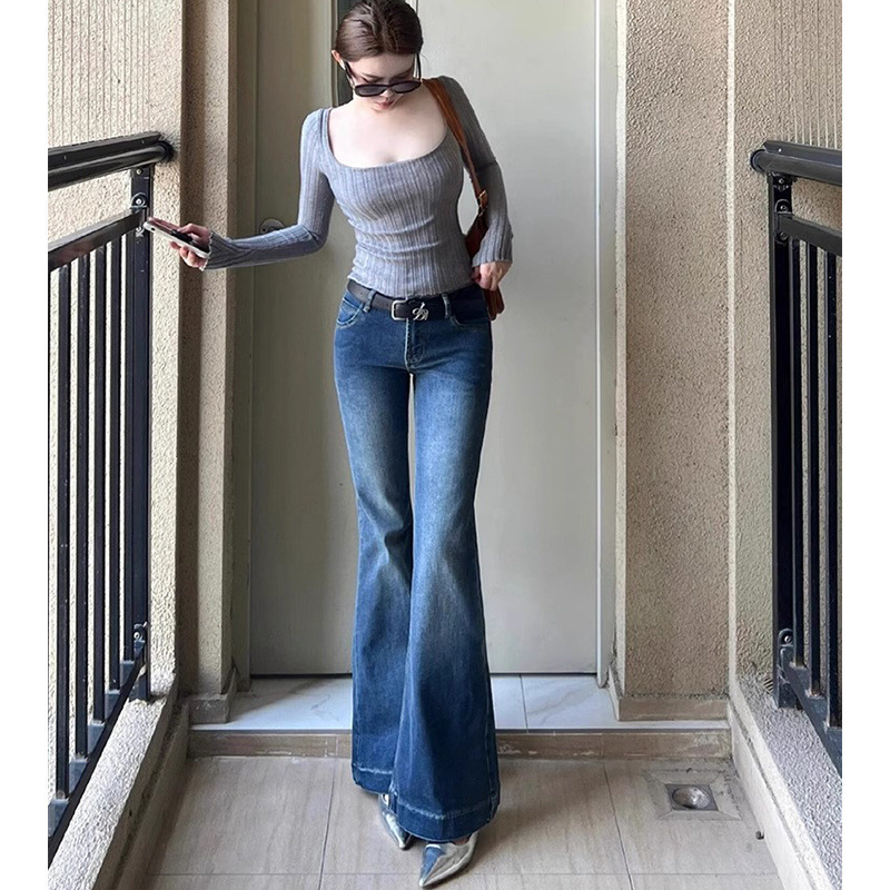 Petite Spicy Girl Dark Blue Low-Waist Flared Jeans Women Autumn Slim Fit Bell-Bottom Pants Horse Hoof Long Trousers