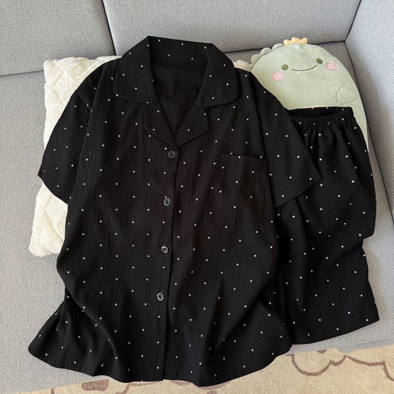 Black star pajamas for women, summer cloud cotton short-sleeve shorts, cute and sweet girl's home wear set, suitable for outdoor wear Black star pajamas for women, summer cloud cotton short-sleeve shorts, cute and sweet girl's home wear set, suitable for outdoor wear