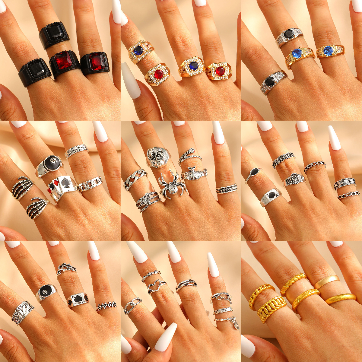 European and American Cross-Border Jewelry Fashion Diamond Men's Ring Hip-Hop Personality Punk Style Index Finger Ring Women's Ring Men's Hand Jewelry