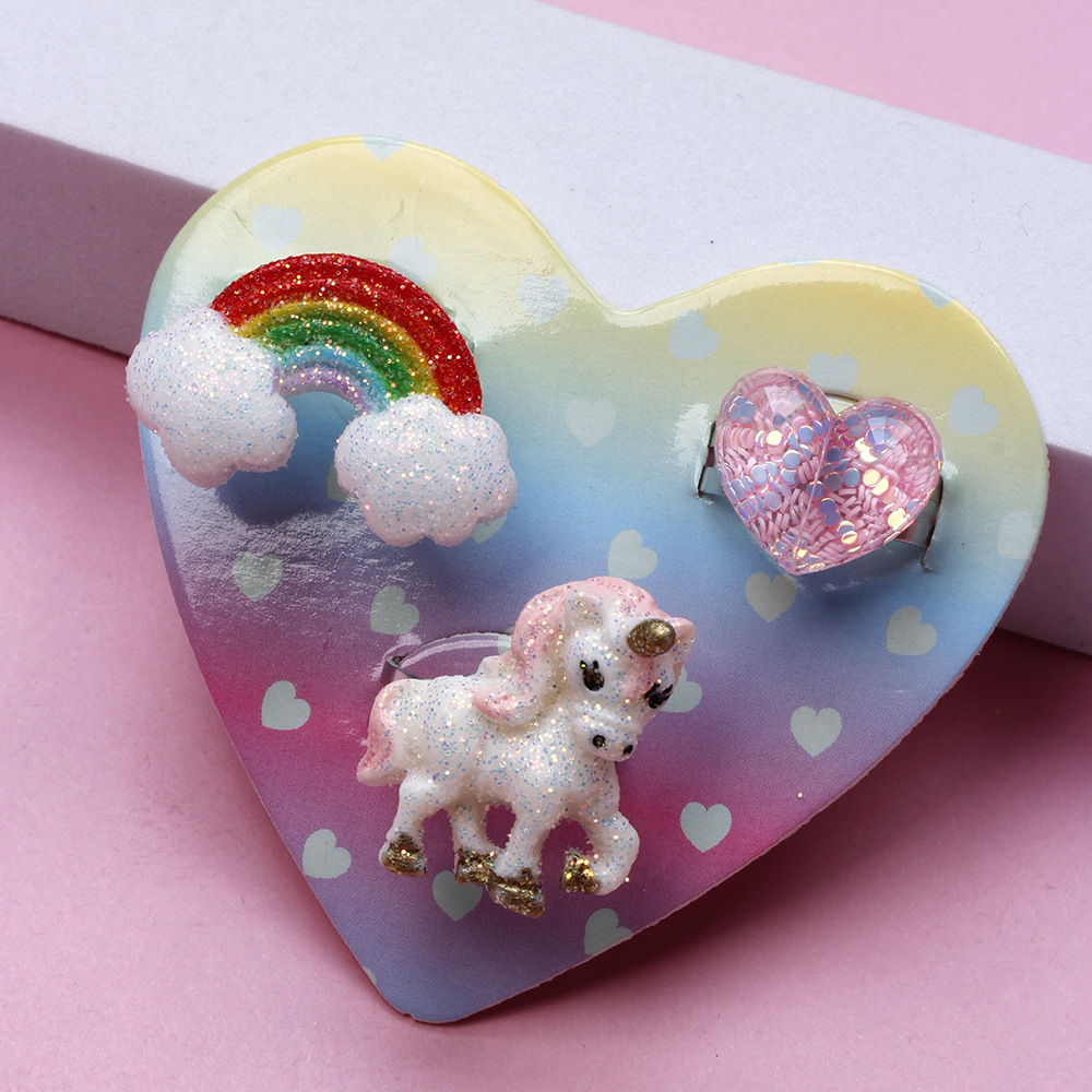 Cartoon Style Rainbow Heart Shape Unicorn Resin Handmade Rings